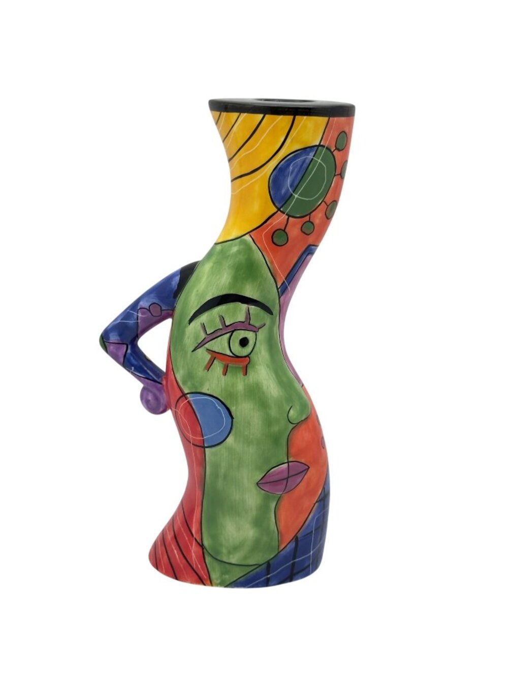 Muzeum Abstract Picasso Inspired Hand Painted Ceramic Candlestick Holder 10"